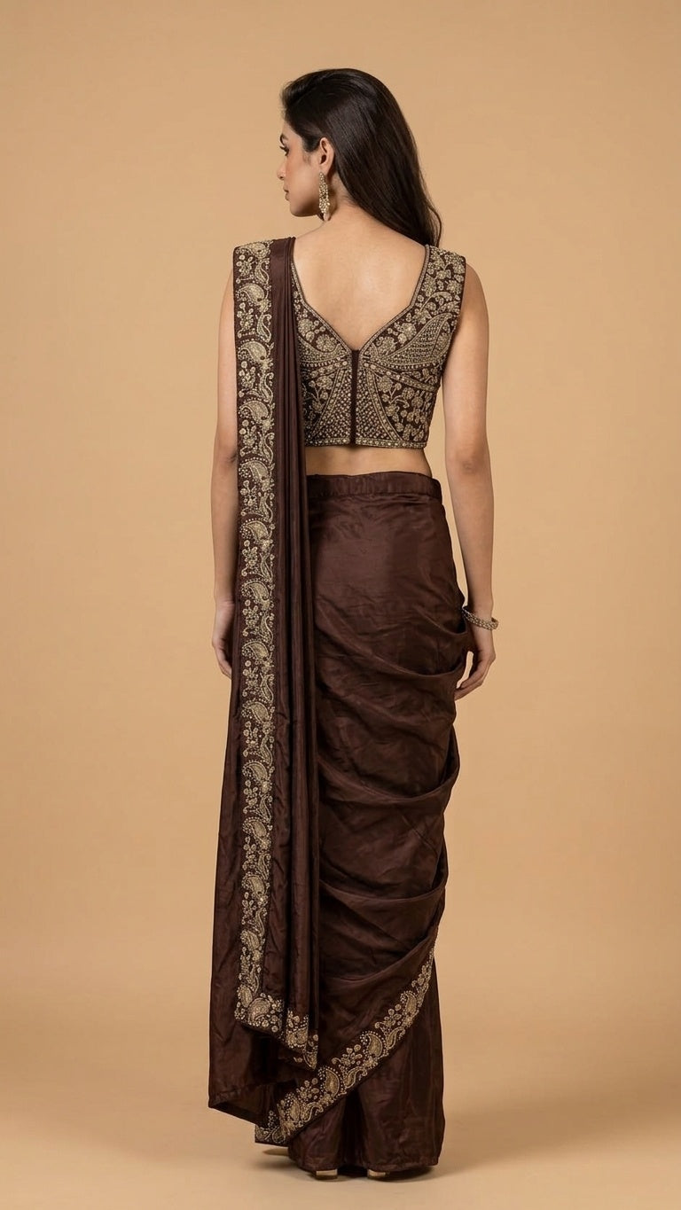 OWLSKY, SASSY & STYLO Women's Ready to Wear Premium Chinnon Saree with Heavy Beads & Embroidery Work Blouse | Pre-Stitched Designer Saree with Embroidered Blouse