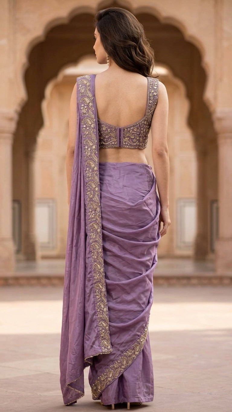 OWLSKY, SASSY & STYLO Women's Ready to Wear Premium Chinnon Saree with Heavy Beads & Embroidery Work Blouse | Pre-Stitched Designer Saree with Embroidered Blouse