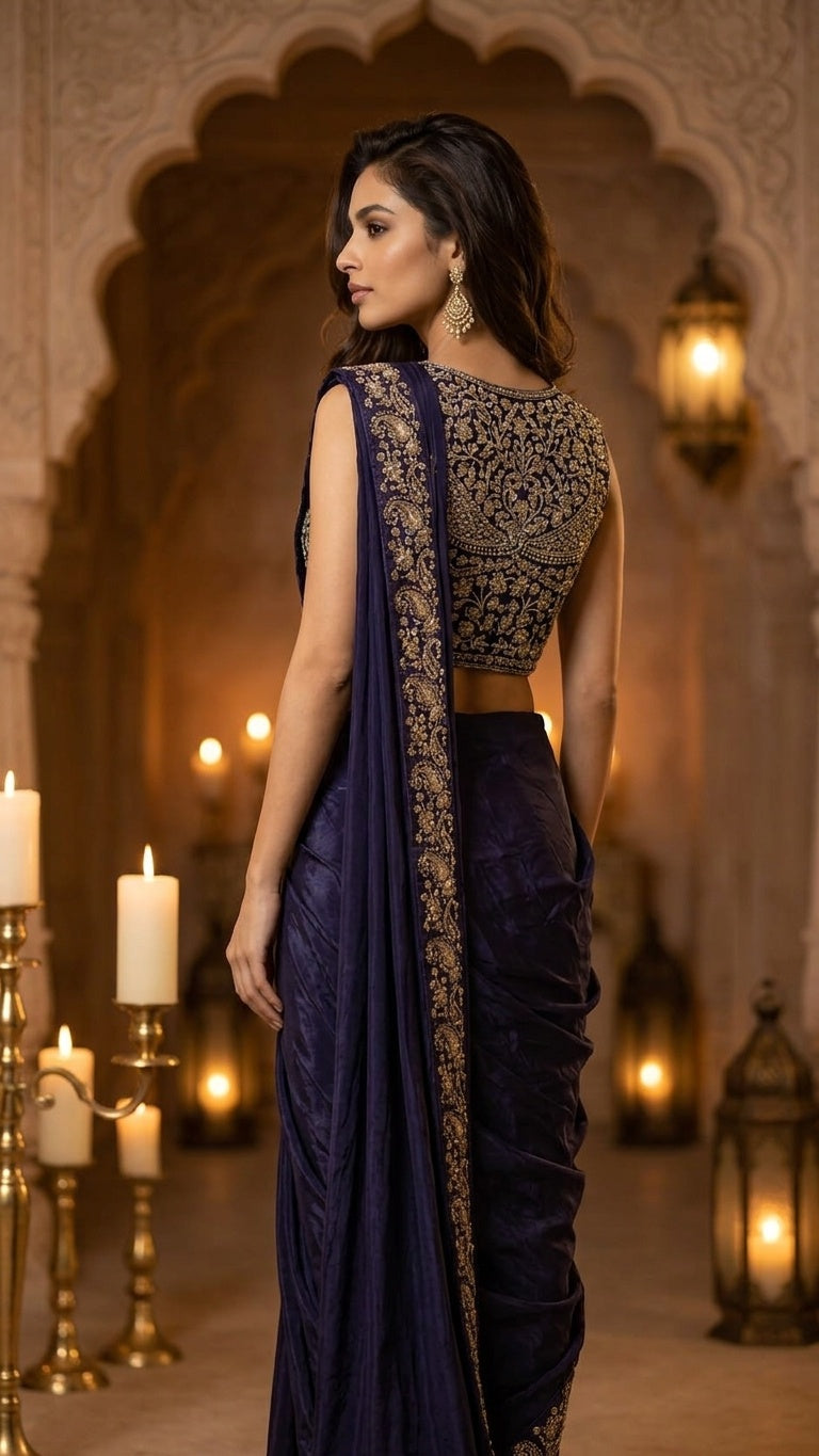 OWLSKY, SASSY & STYLO Women's Ready to Wear Premium Chinnon Saree with Heavy Beads & Embroidery Work Blouse | Pre-Stitched Designer Saree with Embroidered Blouse