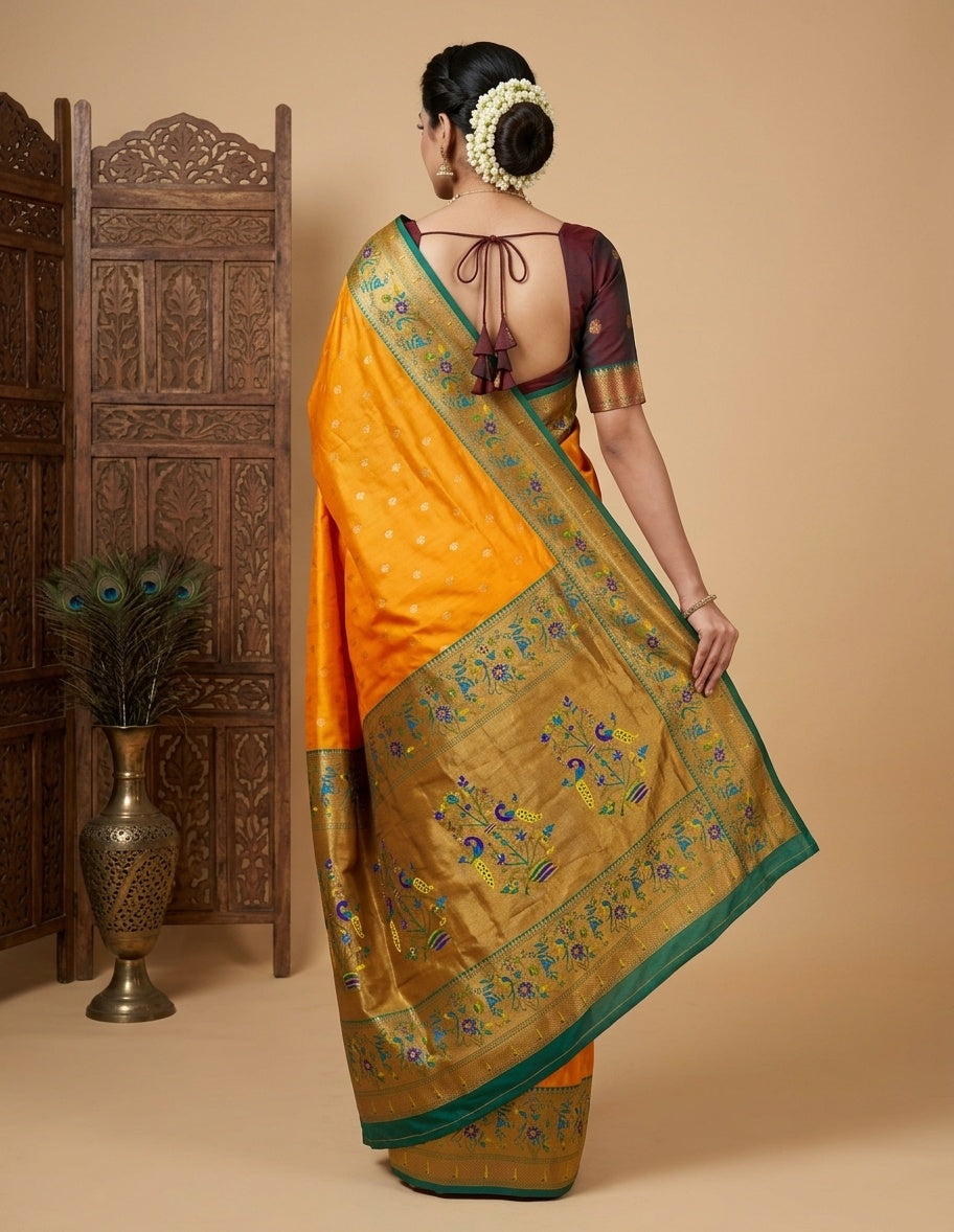 OWLSKY, SASSY & STYLO Women's Paithani Art Silk Saree with Zari Meenakari Weaving | Peacock Motif Pallu Tassels Attched | Traditional Festive Designer Saree with Brocade Blouse Piece