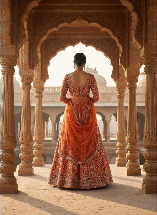 Women’s Orange Embroidered Bridal Lehenga Choli with Dupatta | Designer Wedding & Reception Wear Ethnic Lehenga Set