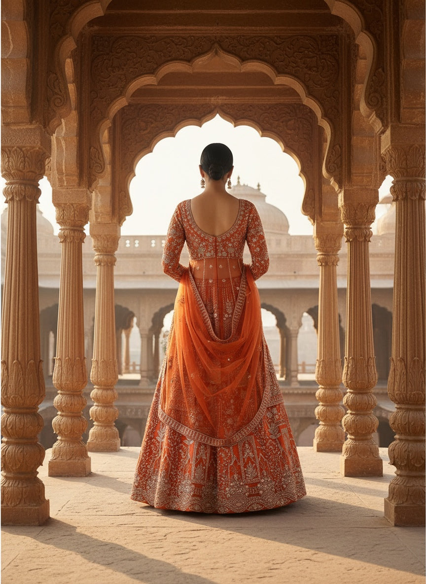 Women’s Orange Embroidered Bridal Lehenga Choli with Dupatta | Designer Wedding & Reception Wear Ethnic Lehenga Set