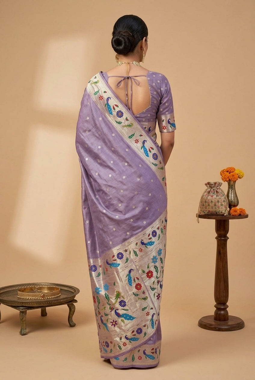 OWLSKY, SASSY & STYLO Women's Paithani Silk Saree with Zari Motif Design| Meenakari Rich Pallu with Tessels Attched | Peacock Floral Border | Traditional Festive Saree with Silk Blouse Piece