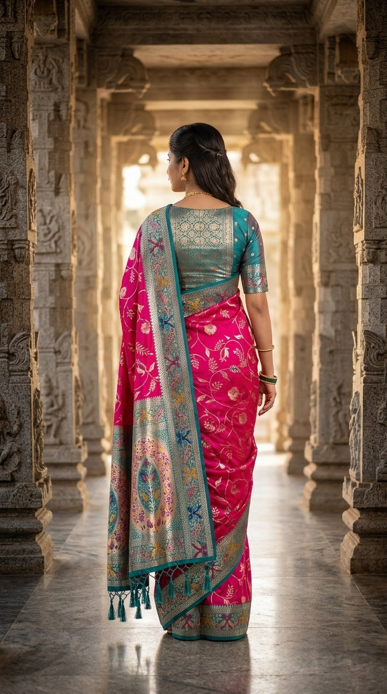 PREMIUM Soft Paithani Silk Saree for Women with Meenakari Zari Weaving, Rich Peacock Pallu, Floral Border & Tassels with Brocade Blouse