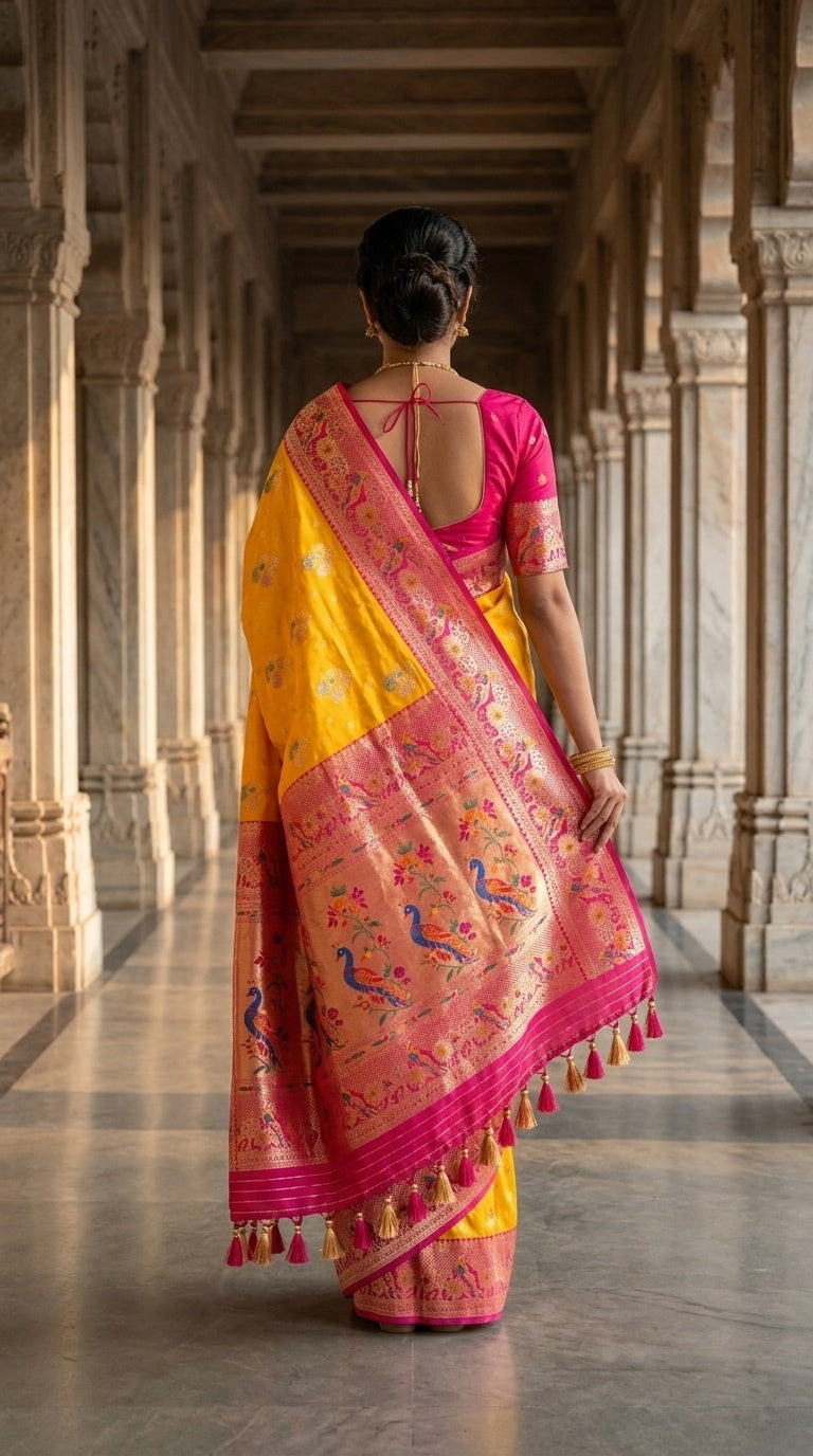 Premium Soft Paithani Silk Saree for Women with Meenakari Zari Weaving, Peacock Pallu, Rich Floral Border & Brocade Blouse