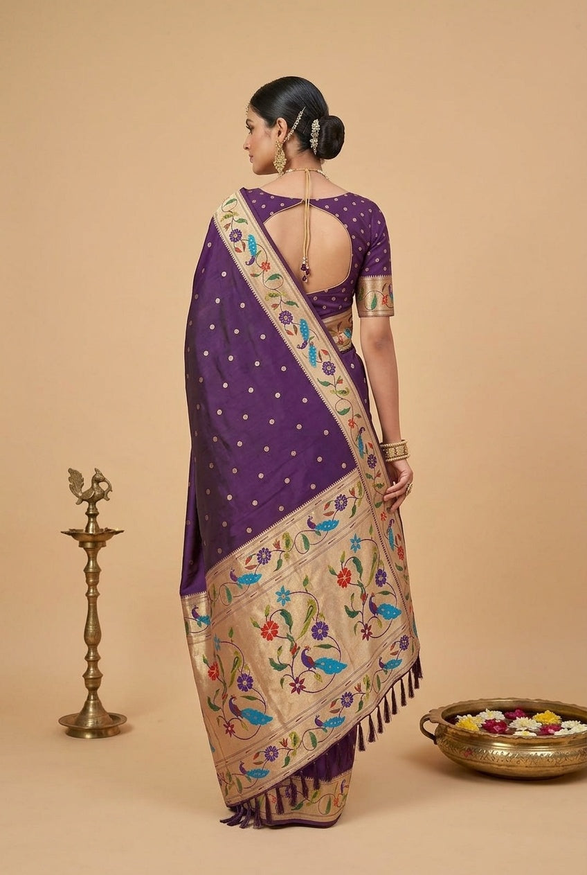OWLSKY, SASSY & STYLO Women's Paithani Silk Saree with Zari Motif Design| Meenakari Rich Pallu with Tessels Attched | Peacock Floral Border | Traditional Festive Saree with Silk Blouse Piece