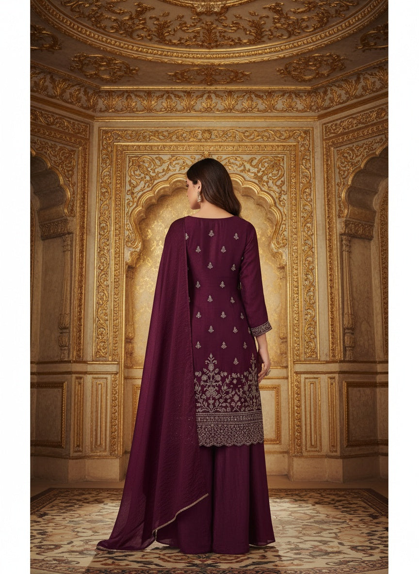 Women’s Wine Purple Embroidered Kurta Sharara Set with Dupatta | Designer Festive & Wedding Ethnic Wear for Women