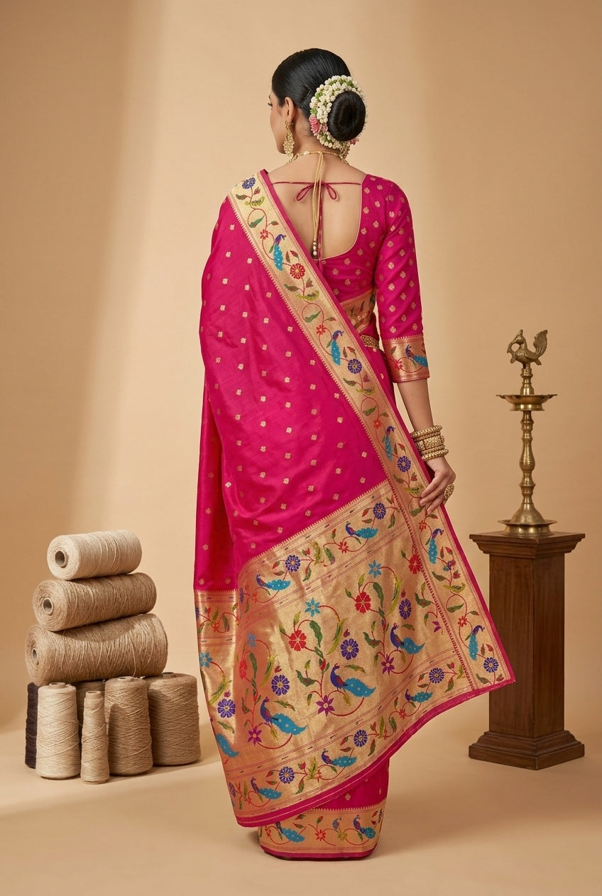OWLSKY, SASSY & STYLO Women's Paithani Silk Saree with Zari Motif Design| Meenakari Rich Pallu with Tessels Attched | Peacock Floral Border | Traditional Festive Saree with Silk Blouse Piece