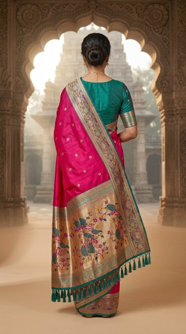 Premium Soft Paithani Silk Saree for Women with Meenakari Zari Weaving, Rich Peacock Pallu, Floral Border & Silk Brocade Blouse