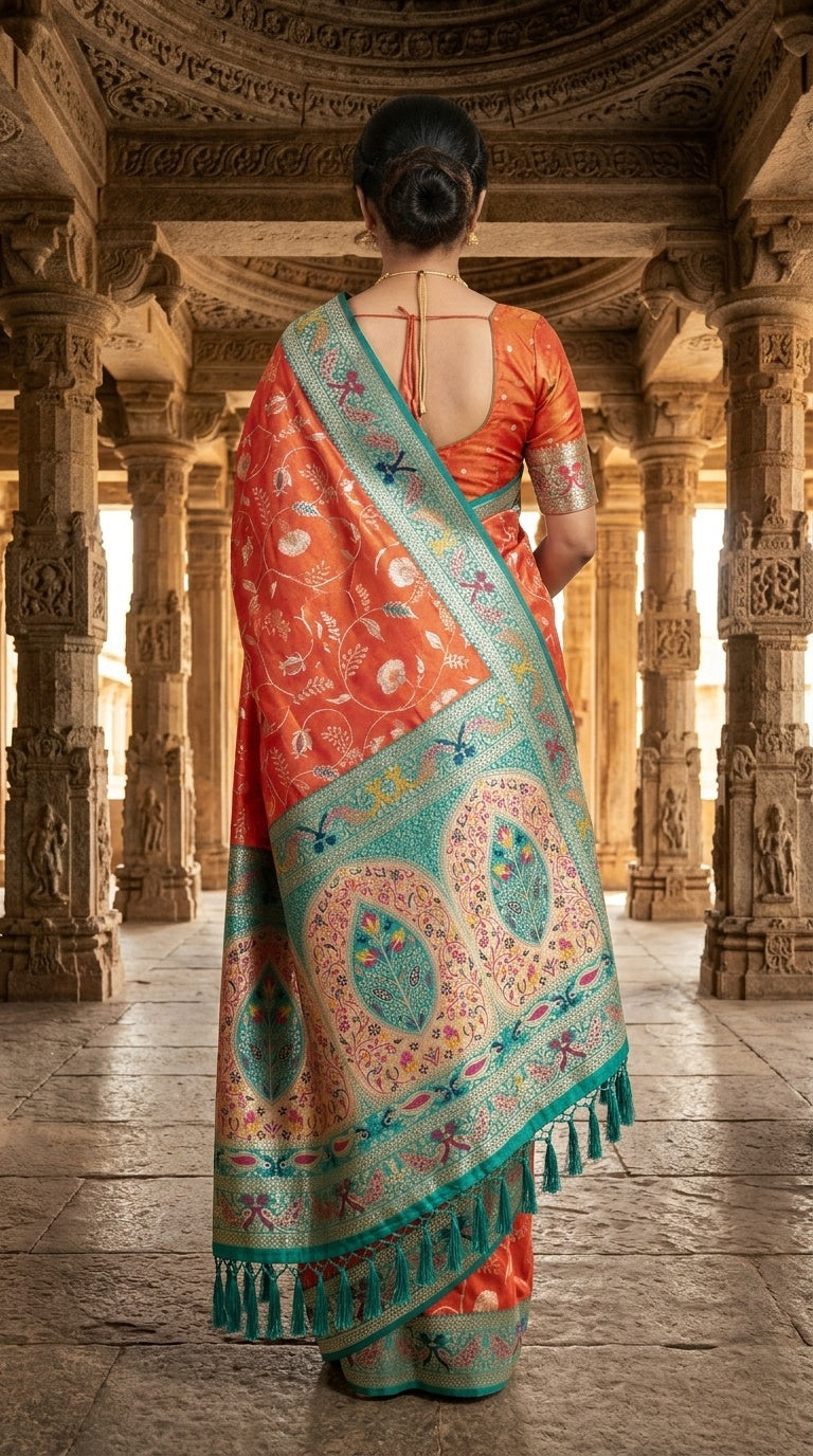 PREMIUM Soft Paithani Silk Saree for Women with Meenakari Zari Weaving, Rich Peacock Pallu, Floral Border & Tassels with Brocade Blouse