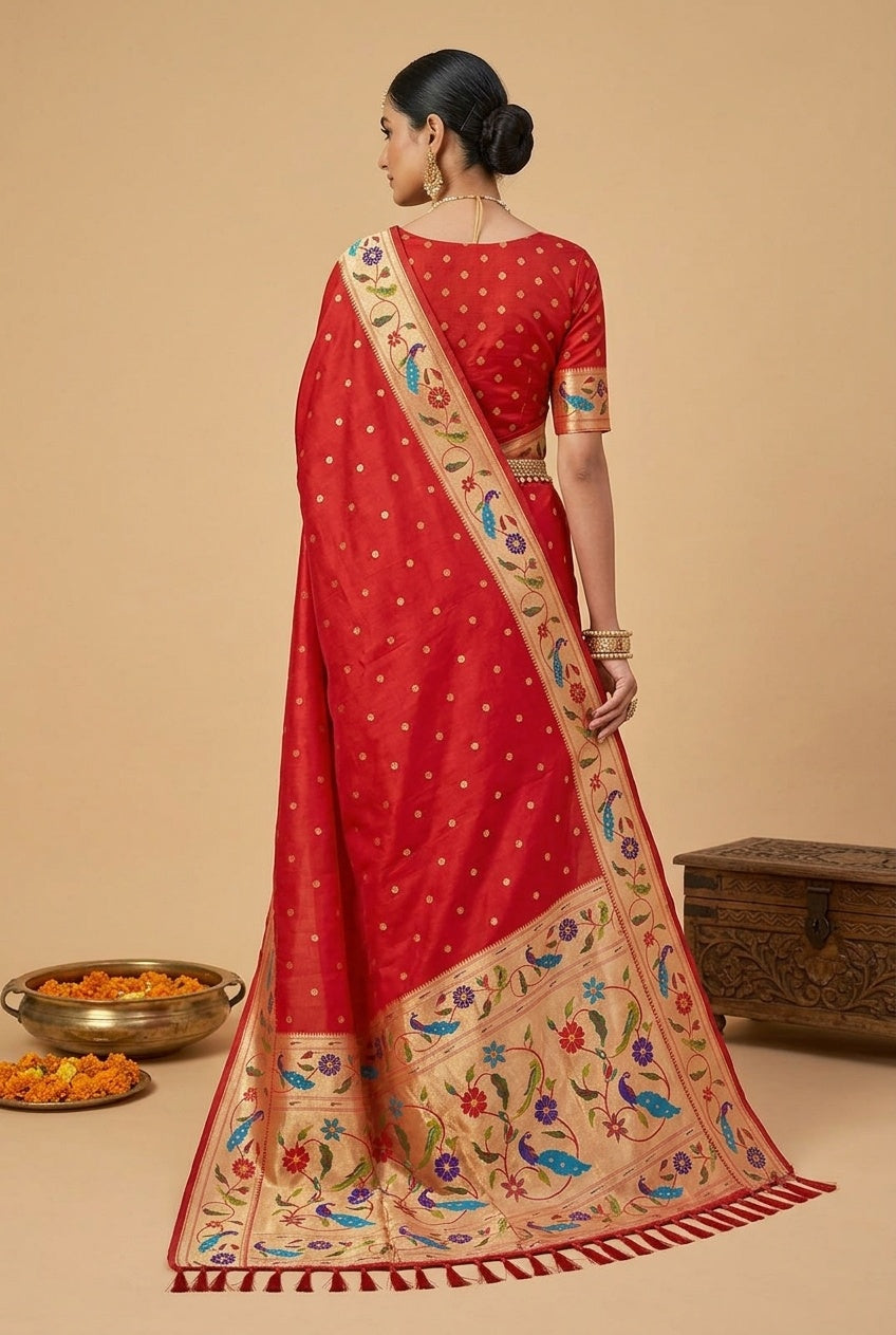OWLSKY, SASSY & STYLO Women's Paithani Silk Saree with Zari Motif Design| Meenakari Rich Pallu with Tessels Attched | Peacock Floral Border | Traditional Festive Saree with Silk Blouse Piece