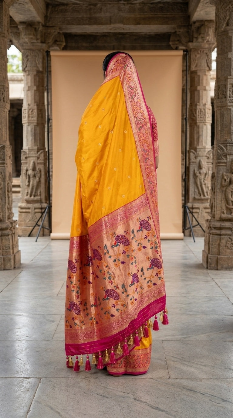 Premium Soft Paithani Silk Saree for Women with Meenakari Zari Weaving, Rich Peacock Pallu, Floral Border & Silk Brocade Blouse