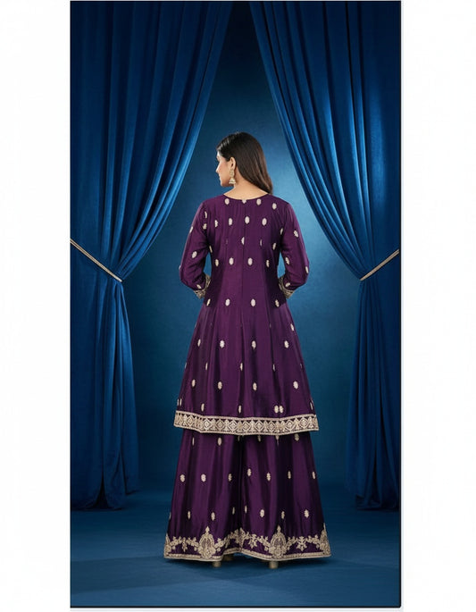 Women’s Chinon Silk Embroidered Peplum Gown with Dupatta | Designer Ethnic Dress for Wedding & Festive Wear | Party Wear Sharara Style Outfit