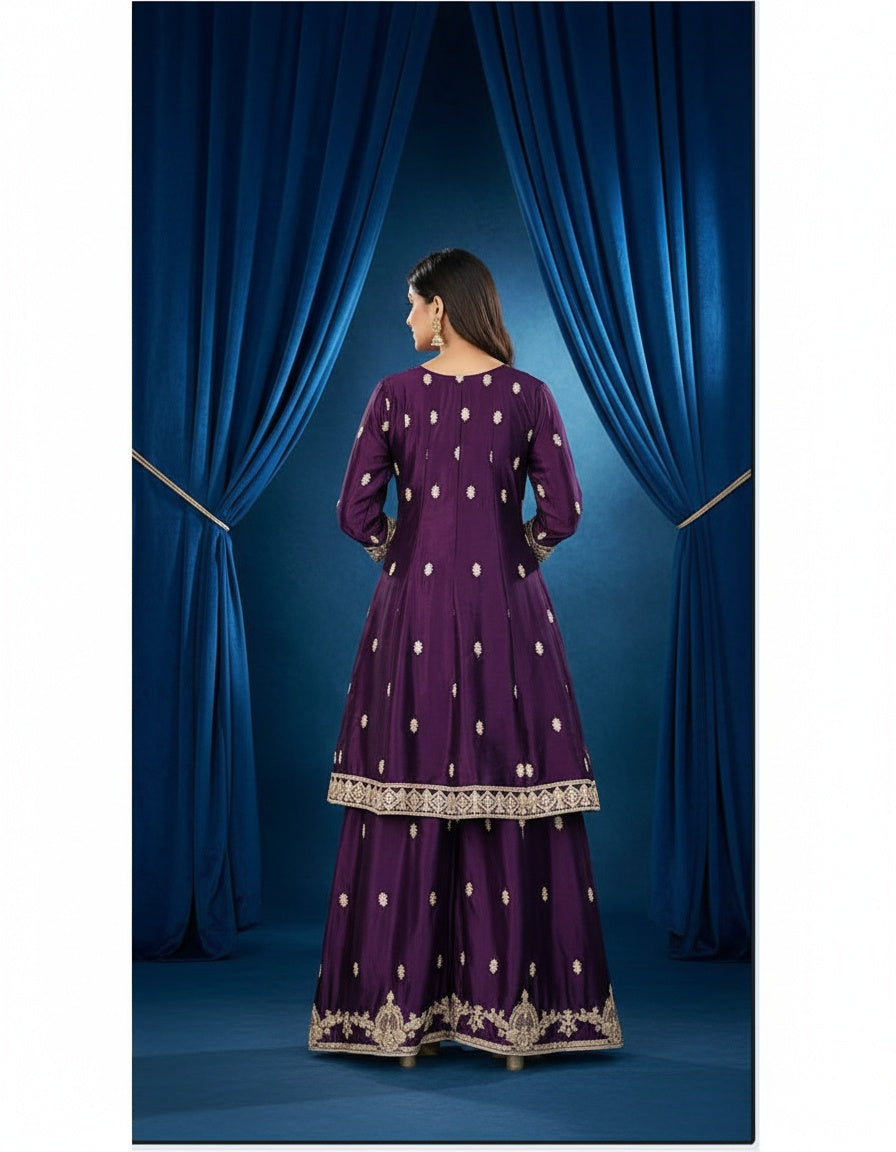 Women’s Chinon Silk Embroidered Peplum Gown with Dupatta | Designer Ethnic Dress for Wedding & Festive Wear | Party Wear Sharara Style Outfit