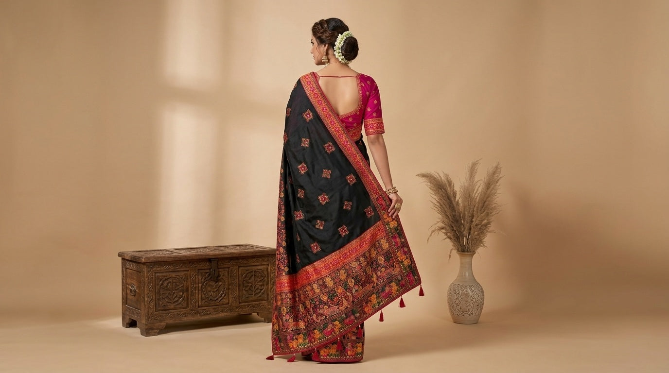 OWLSKY, SASSY & STYLO Women's Pure Rajwadi Pashmina Silk Woven Saree with Kashmiri Thread Woven Pallu | Heavy Zari Elephant Border, Running Butti, Handmade Tassels | Contrast Unstitched Blouse
