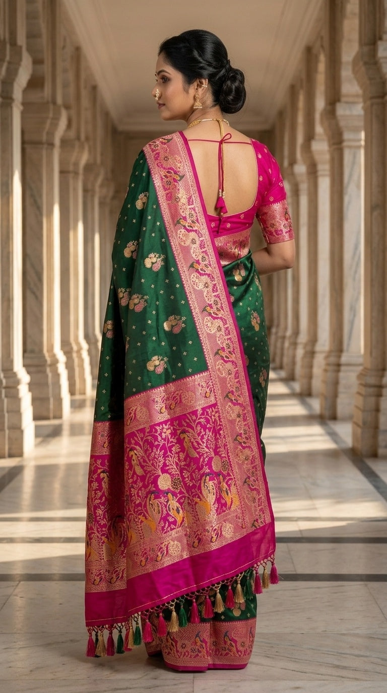 Premium Soft Paithani Silk Saree for Women with Meenakari Zari Weaving, Peacock Pallu, Rich Floral Border & Brocade Blouse