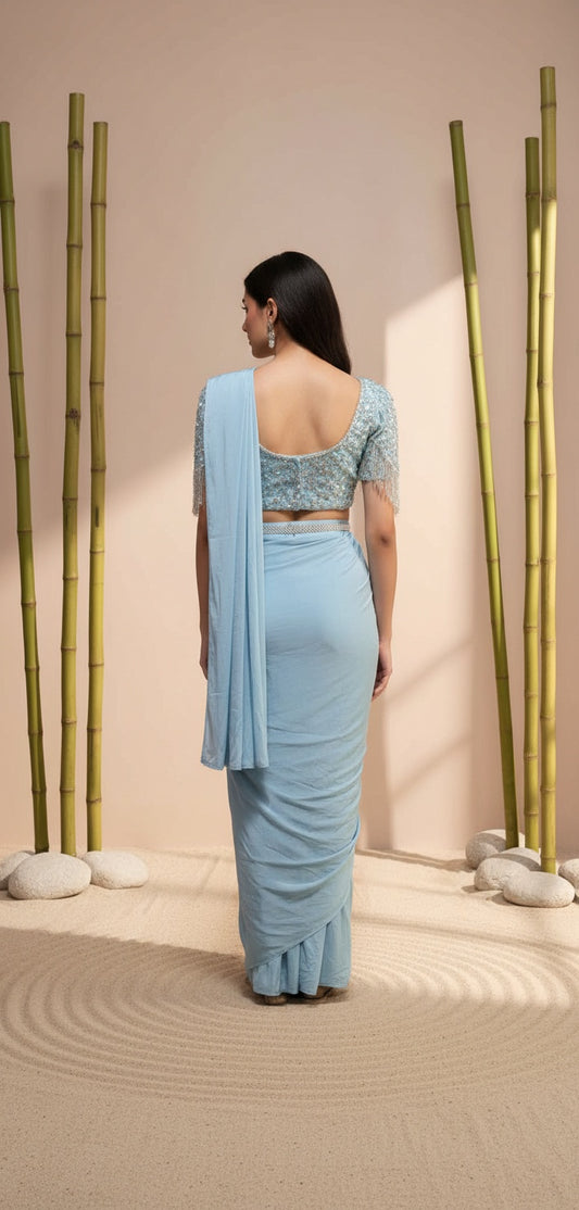 Women Sky Blue Ready-to-Wear One Minute Saree with Embellished Fringed Cape Blouse & Handcrafted Belt | Imported Georgette Wedding & Festive Saree | Pre-Draped Saree