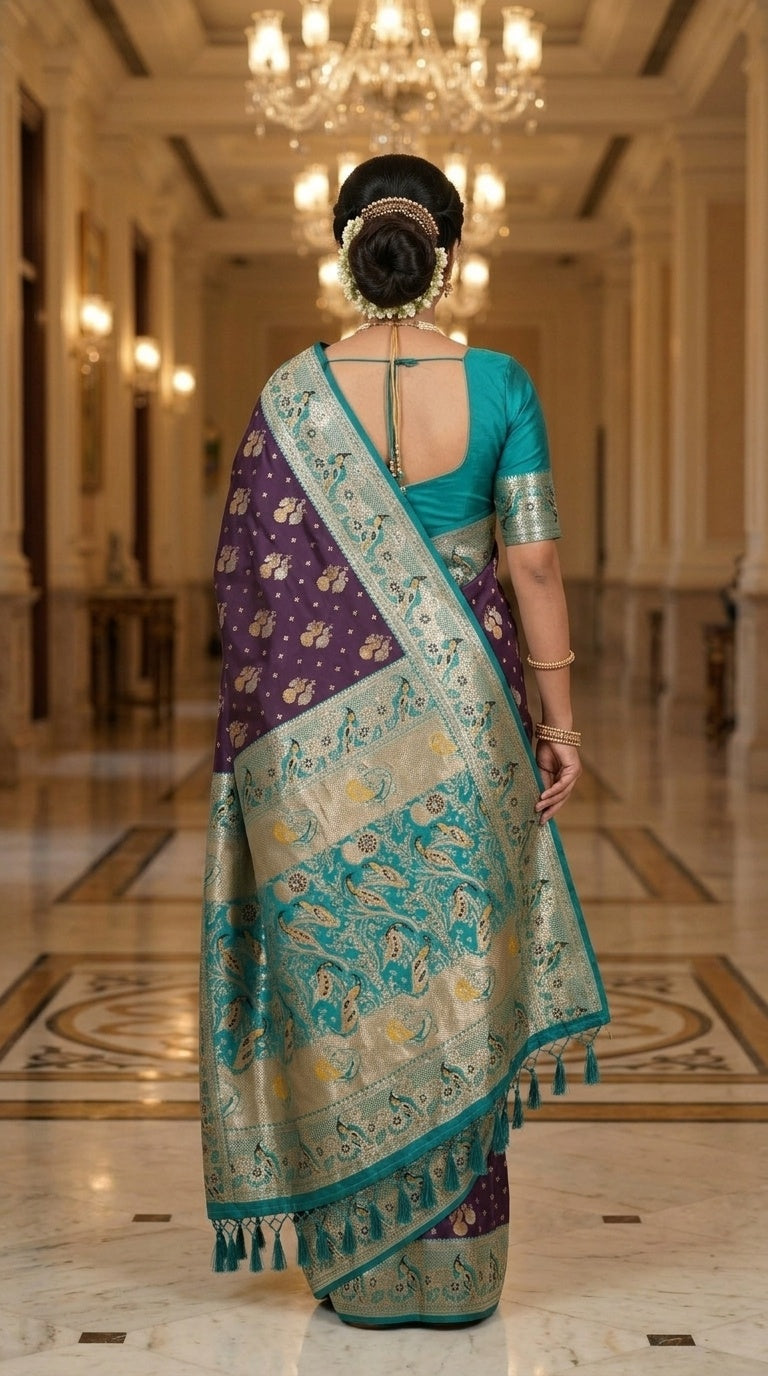 Premium Soft Paithani Silk Saree for Women with Meenakari Zari Weaving, Peacock Pallu, Rich Floral Border & Brocade Blouse