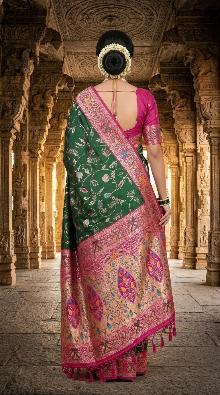 PREMIUM Soft Paithani Silk Saree for Women with Meenakari Zari Weaving, Rich Peacock Pallu, Floral Border & Tassels with Brocade Blouse