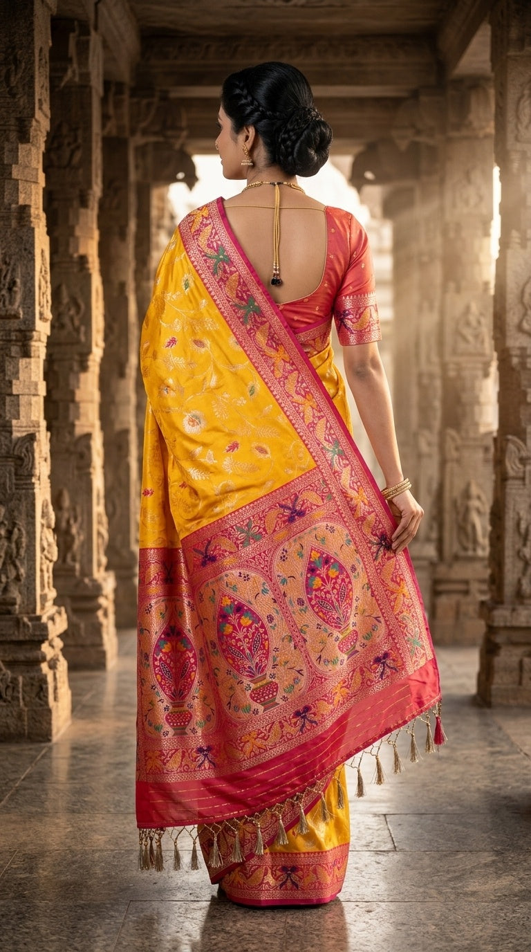 PREMIUM Soft Paithani Silk Saree for Women with Meenakari Zari Weaving, Rich Peacock Pallu, Floral Border & Tassels with Brocade Blouse