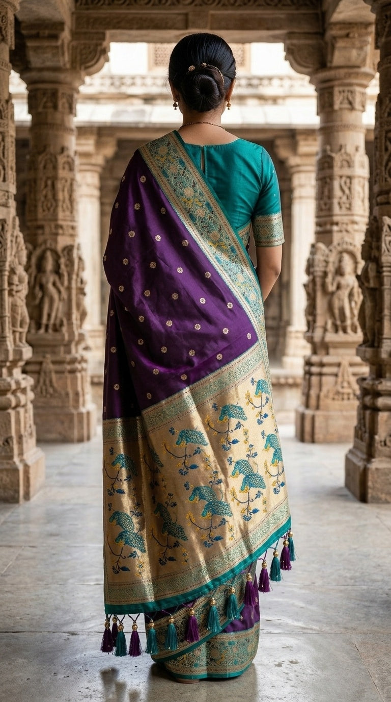 Premium Soft Paithani Silk Saree for Women with Meenakari Zari Weaving, Rich Peacock Pallu, Floral Border & Silk Brocade Blouse