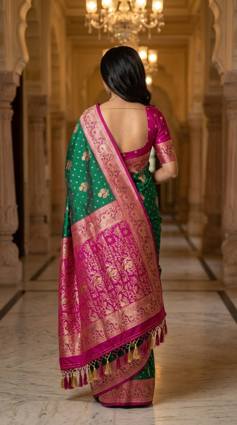 Premium Soft Paithani Silk Saree for Women with Meenakari Zari Weaving, Peacock Pallu, Rich Floral Border & Brocade Blouse