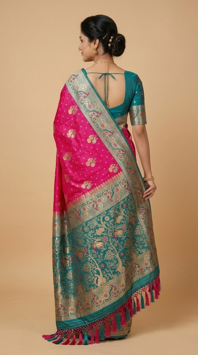 Premium Soft Paithani Silk Saree for Women with Meenakari Zari Weaving, Peacock Pallu, Rich Floral Border & Brocade Blouse