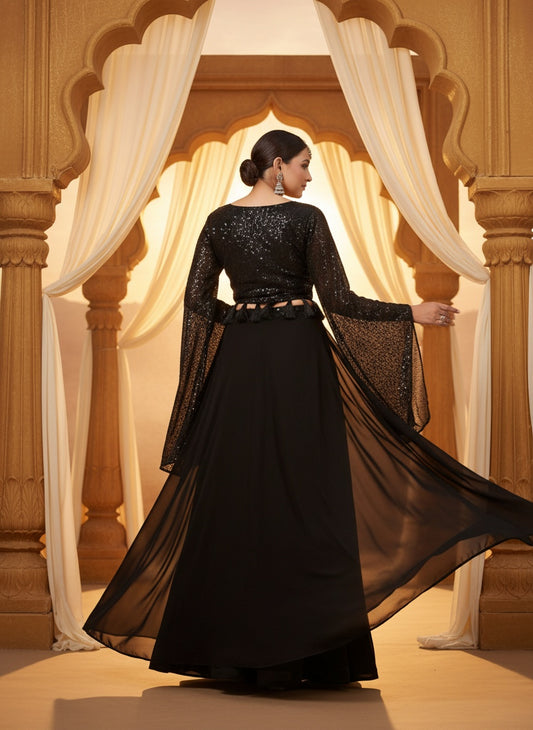 Women’s Black Sequin Georgette Anarkali Gown | Designer Party Wear Ethnic Dress with Flared Sleeves | Wedding & Evening Wear Outfit