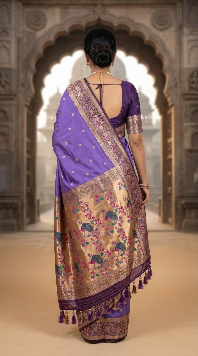 Premium Soft Paithani Silk Saree for Women with Meenakari Zari Weaving, Rich Peacock Pallu, Floral Border & Silk Brocade Blouse