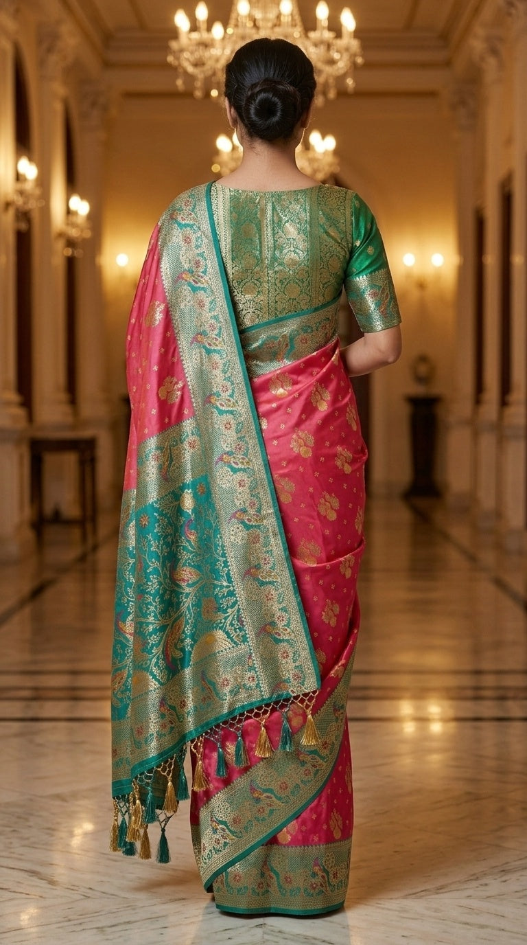 Premium Soft Paithani Silk Saree for Women with Meenakari Zari Weaving, Peacock Pallu, Rich Floral Border & Brocade Blouse