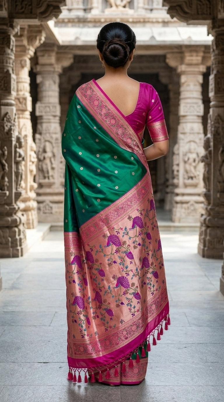Premium Soft Paithani Silk Saree for Women with Meenakari Zari Weaving, Rich Peacock Pallu, Floral Border & Silk Brocade Blouse