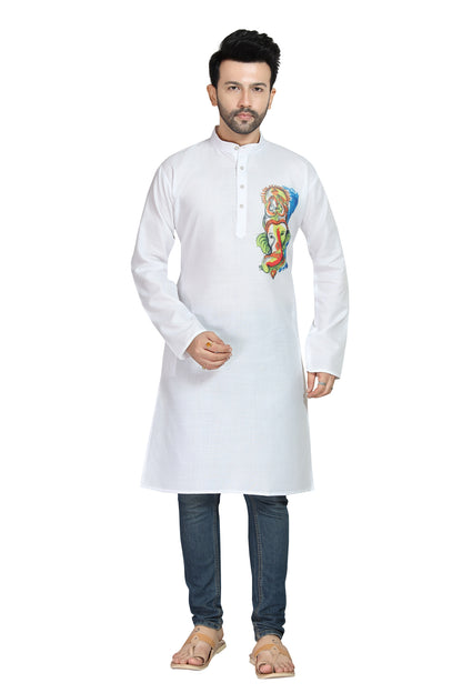 Men's Cotton Blend Digital Print White Kurta with Ganesha Print |  Traditional Indian Wear | Ganpati Pooja Festival