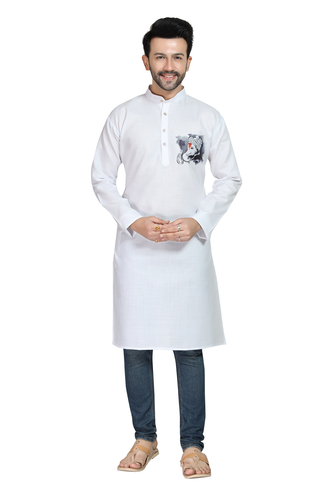 Men's Cotton Blend Digital Print White Kurta with Ganesha Print |  Traditional Indian Wear | Ganpati Pooja Festival