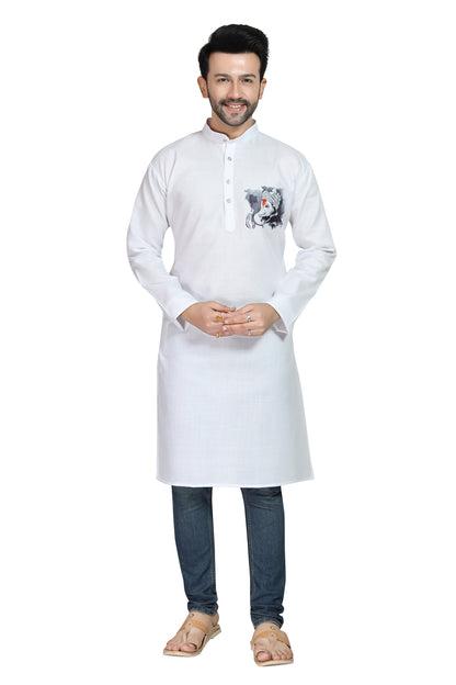 Men's Cotton Blend Digital Print White Kurta with Ganesha Print |  Traditional Indian Wear | Ganpati Pooja Festival