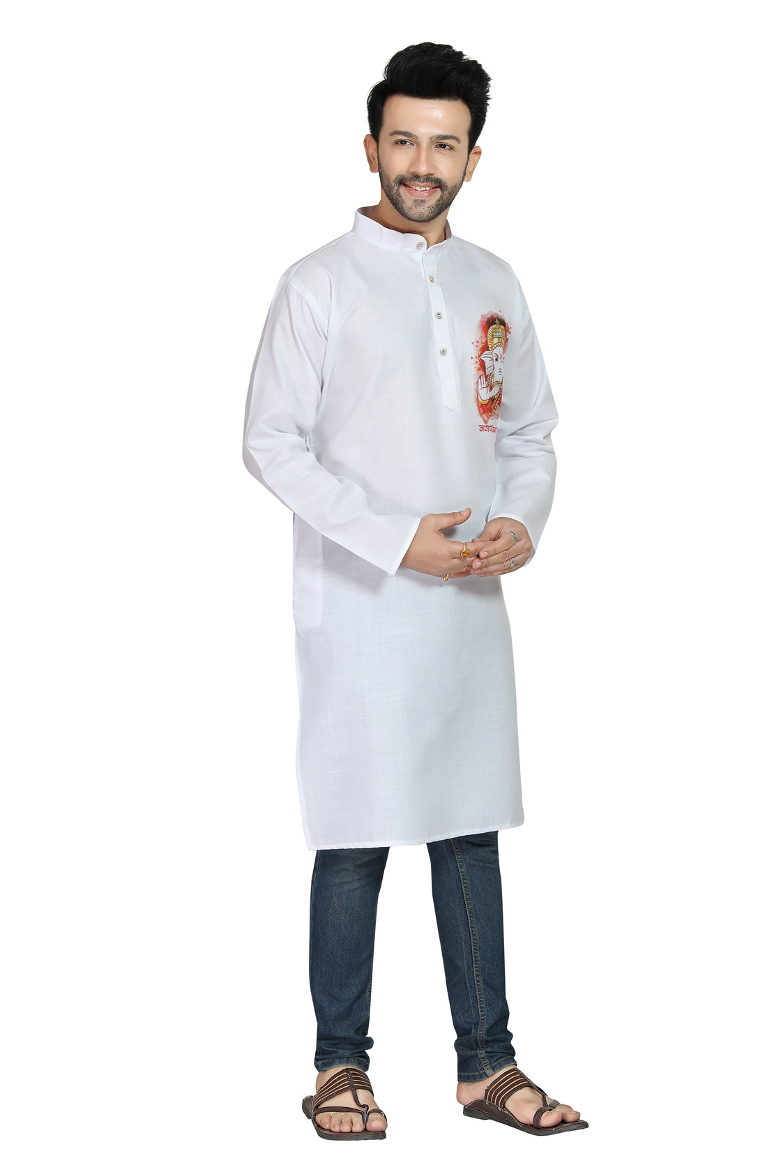 Men's Cotton Blend Digital Print White Kurta with Ganesha Print |  Traditional Indian Wear | Ganpati Pooja Festival