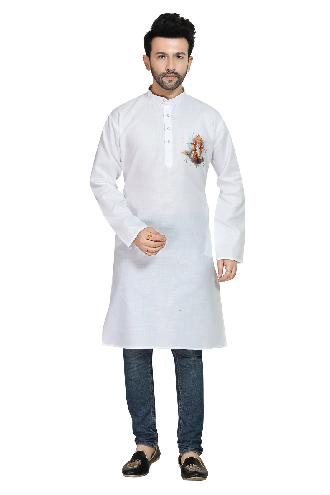 Men's Cotton Blend Digital Print White Kurta with Ganesha Print |  Traditional Indian Wear | Ganpati Pooja Festival