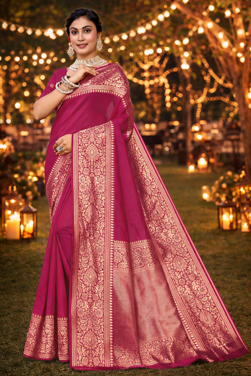 Kanjivaram Cotton Silk Saree for Women with Zari Border | Traditional Indian Saree with Unstitched Blouse Piece | Lightweight Festival Wear Saree | Elegant Soft Cotton Silk Saree Magenta Pink