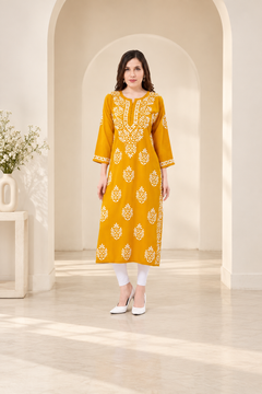 Owl Sky Lakhnavi Kurti – Premium Rayon Fabric, Elegant Ethnic Wear Maroon ( Yellow )