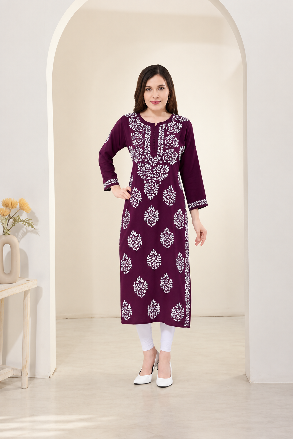 Owl Sky Lakhnavi Kurti – Premium Rayon Fabric, Elegant Ethnic Wear Maroon