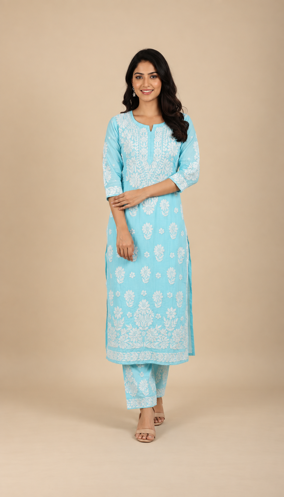 Owlsky Women Beige Lakhnavi Chikankari Modal Kurta with Palazzos-Sky Blue