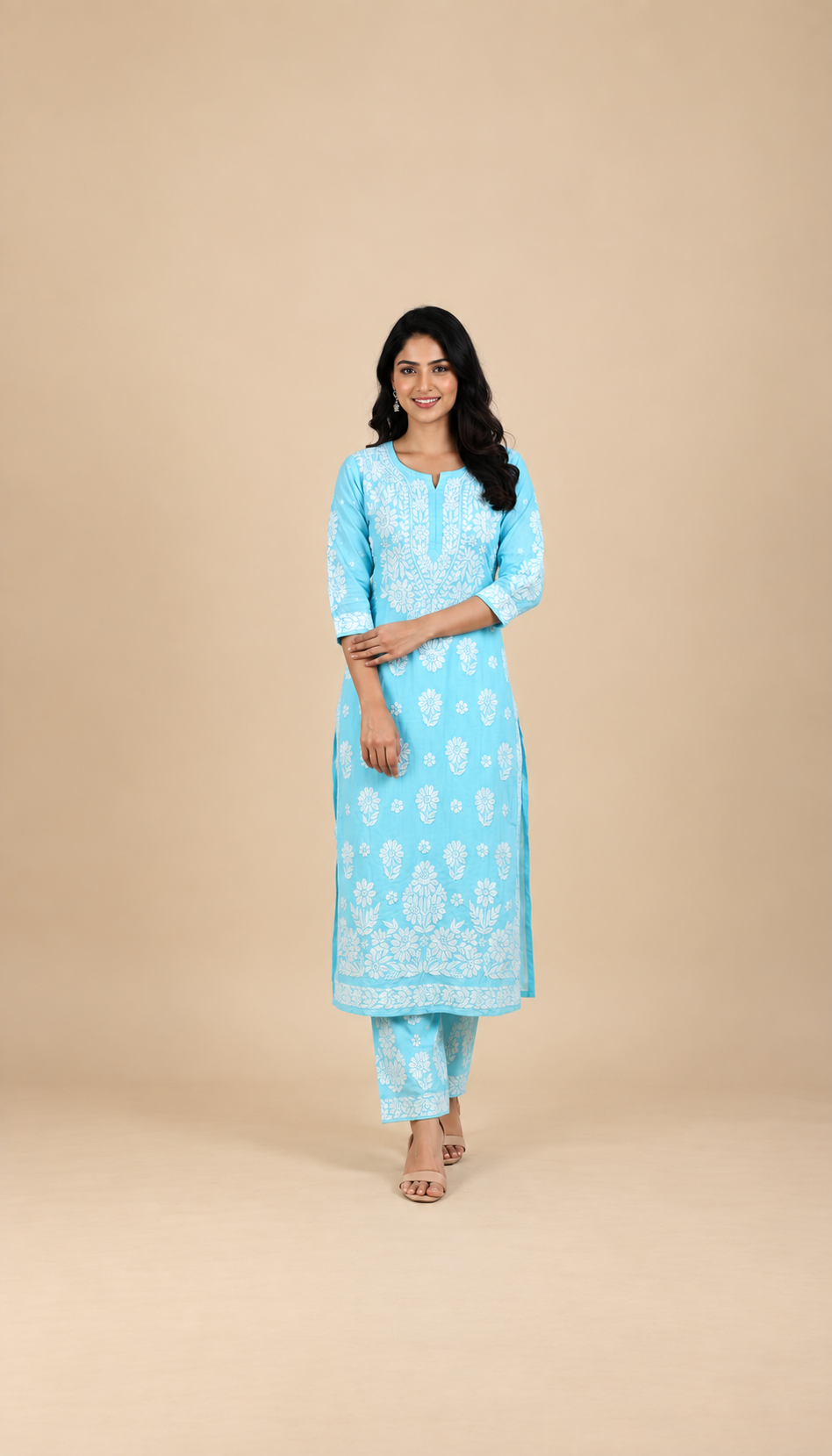 Owlsky Women Beige Lakhnavi Chikankari Modal Kurta with Palazzos-Sky Blue