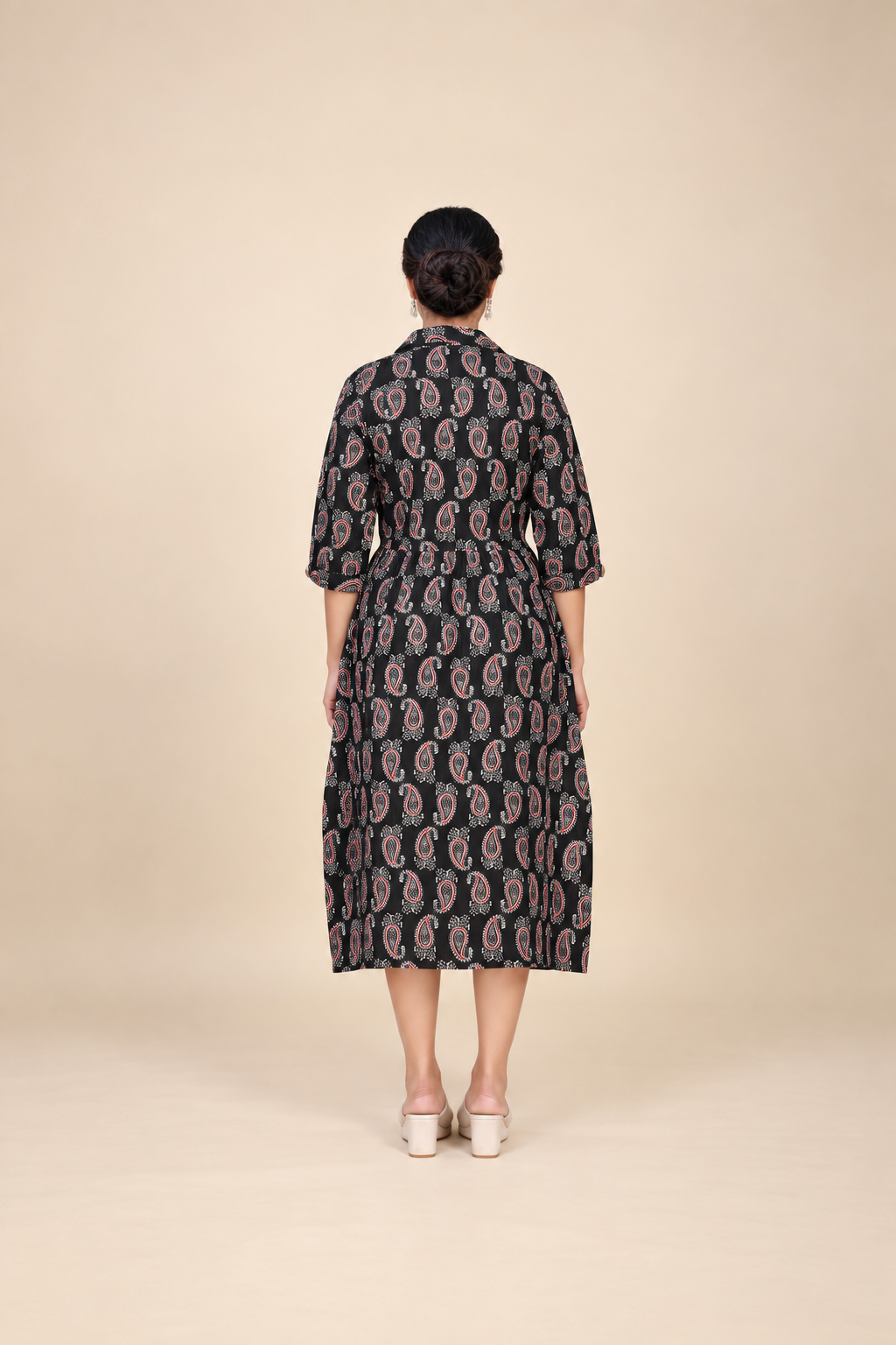 Owlsky Women Black & Red Kalamkari Printed Pure Cotton A-Line Shirt Dress -One Piece
