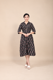 Owlsky Women Black & Red Kalamkari Printed Pure Cotton A-Line Shirt Dress -One Piece