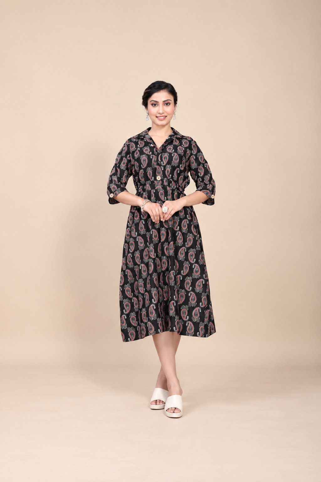 Owlsky Women Black & Red Kalamkari Printed Pure Cotton A-Line Shirt Dress -One Piece