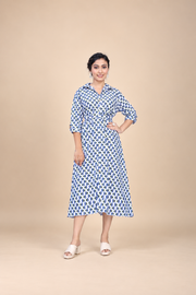 Owlsky Women Blue & White Floral Printed Pure Cotton A-Line Shirt Dress One Piece