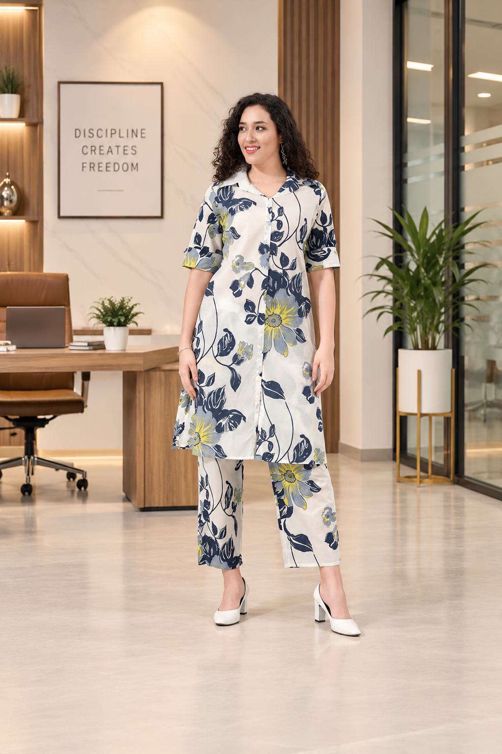 OWLSKY, SASSY & STYLO Women’s Cotton Floral Printed Co-ord Set of Kurta and Pants | Stylish Casual Two-Piece Outfit | V Neck 3/4 Sleeve | Casual Wear With Pockets White