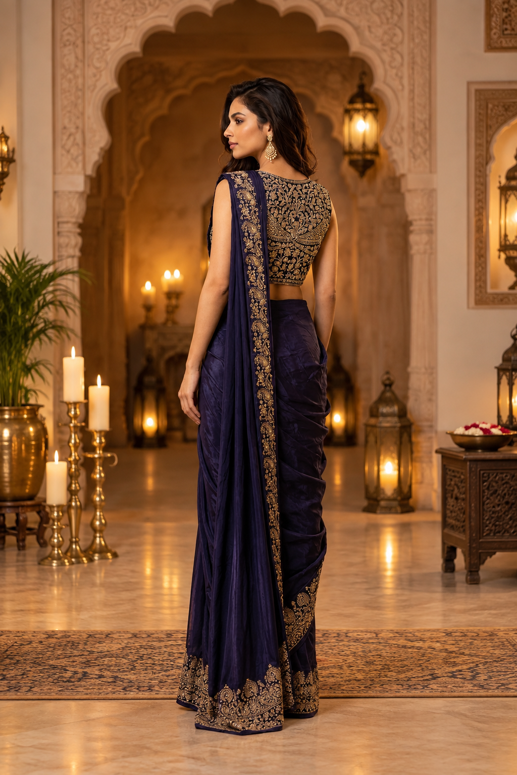 OWLSKY, SASSY & STYLO Women's Ready to Wear Premium Chinnon Saree with Heavy Beads & Embroidery Work Blouse | Pre-Stitched Designer Saree with Embroidered Blouse