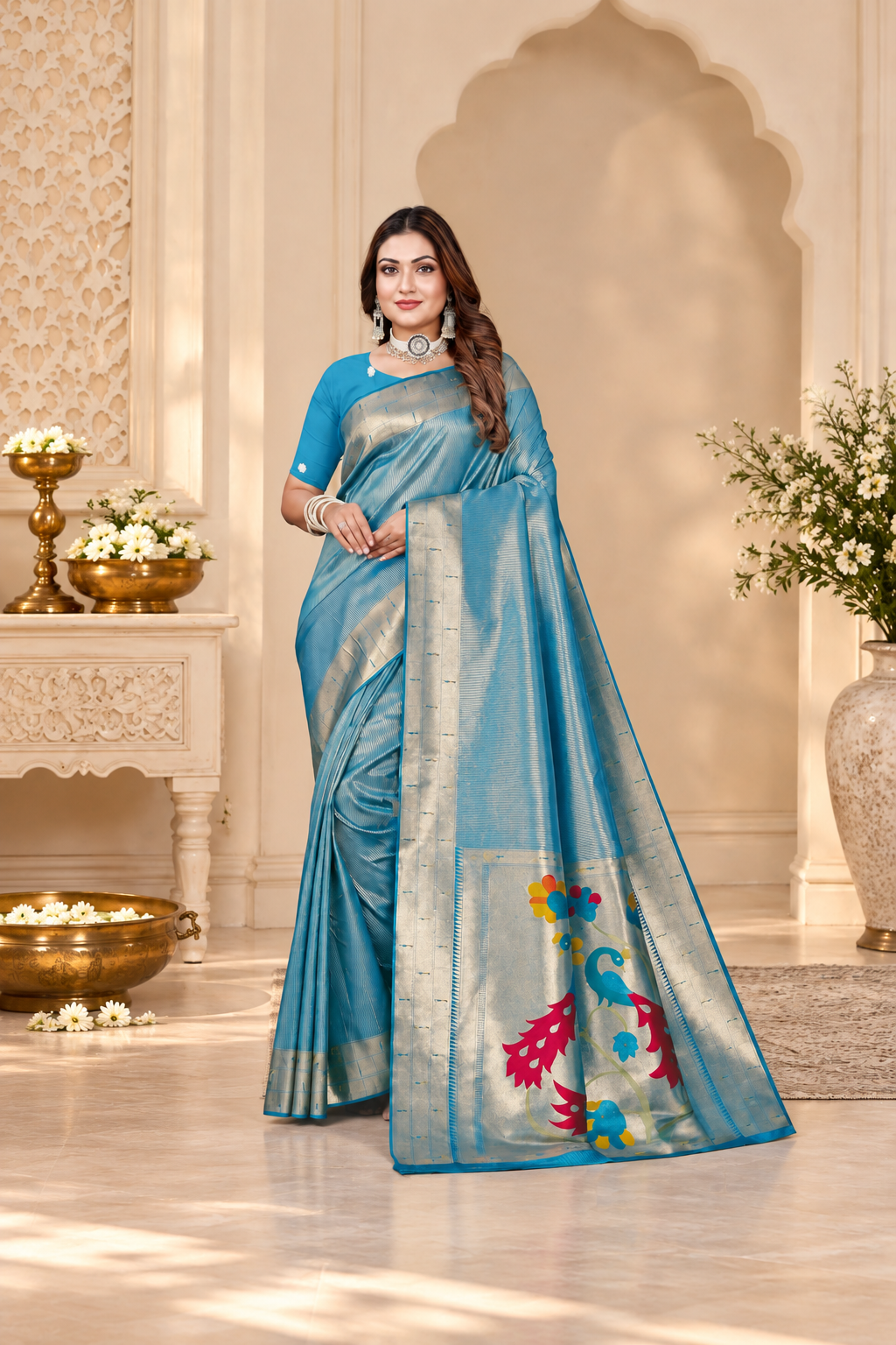 Owlsky Women’s Kanjivaram Silk Saree with Beautiful Paithani Rich Pallu | Design Work Zari Woven Kanjivaram Silk Style Saree With Soft Lichi Silk Blouse Sky Blue