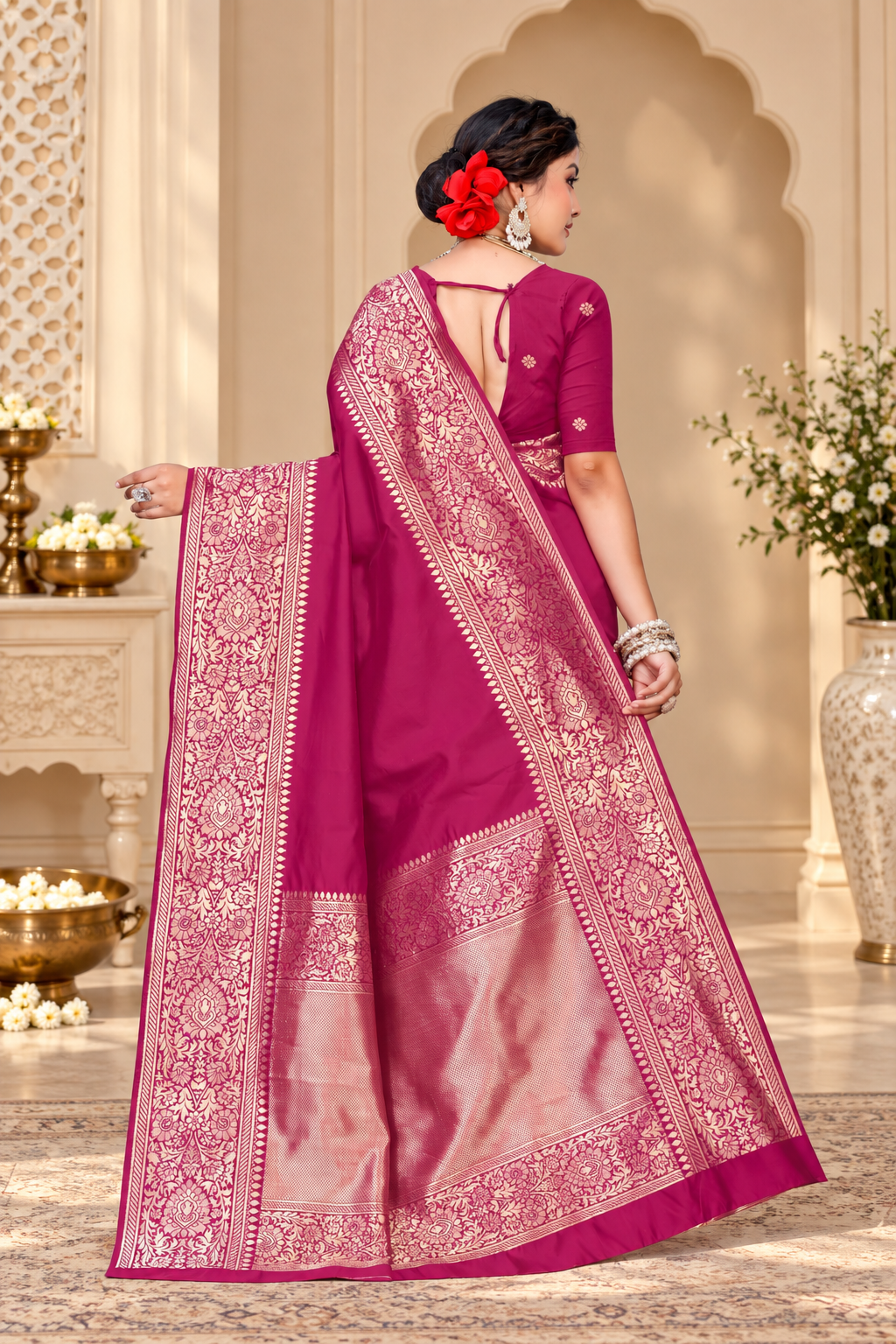 Kanjivaram Cotton Silk Saree for Women with Zari Border | Traditional Indian Saree with Unstitched Blouse Piece | Lightweight Festival Wear Saree | Elegant Soft Cotton Silk Saree Magenta Pink