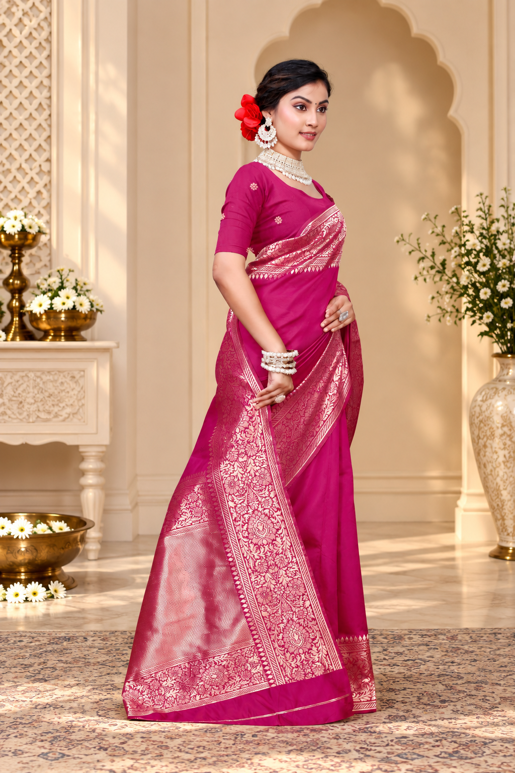 Kanjivaram Cotton Silk Saree for Women with Zari Border | Traditional Indian Saree with Unstitched Blouse Piece | Lightweight Festival Wear Saree | Elegant Soft Cotton Silk Saree Magenta Pink